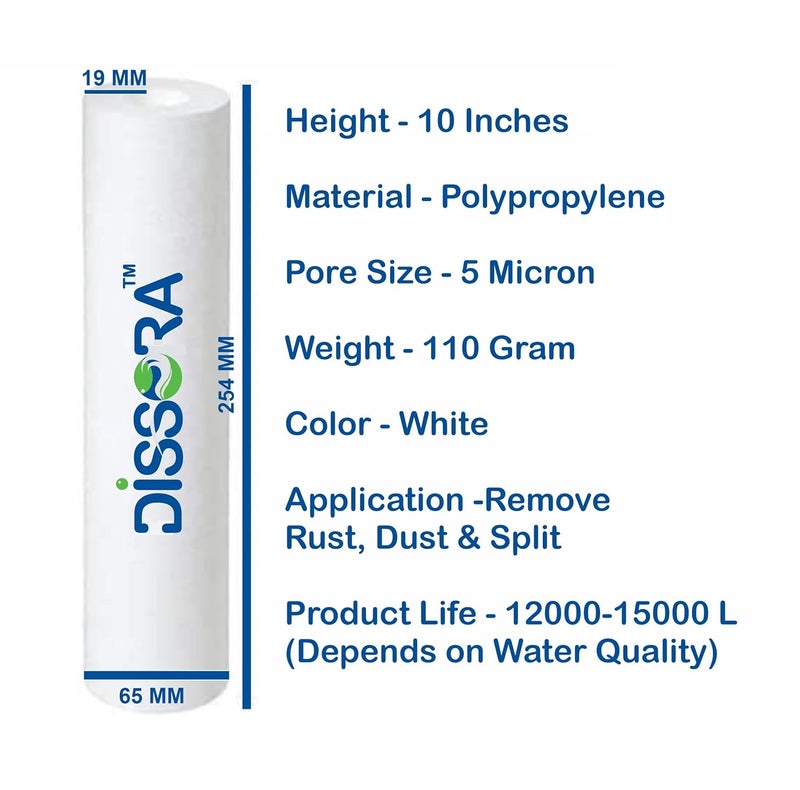 Dissora Dissora 10 Inch 5 Micron PP Spun Pre Filter Candle Suitable for All Brands RO UV UF 110 gm Premium Filter Pack of 10 - Image 2