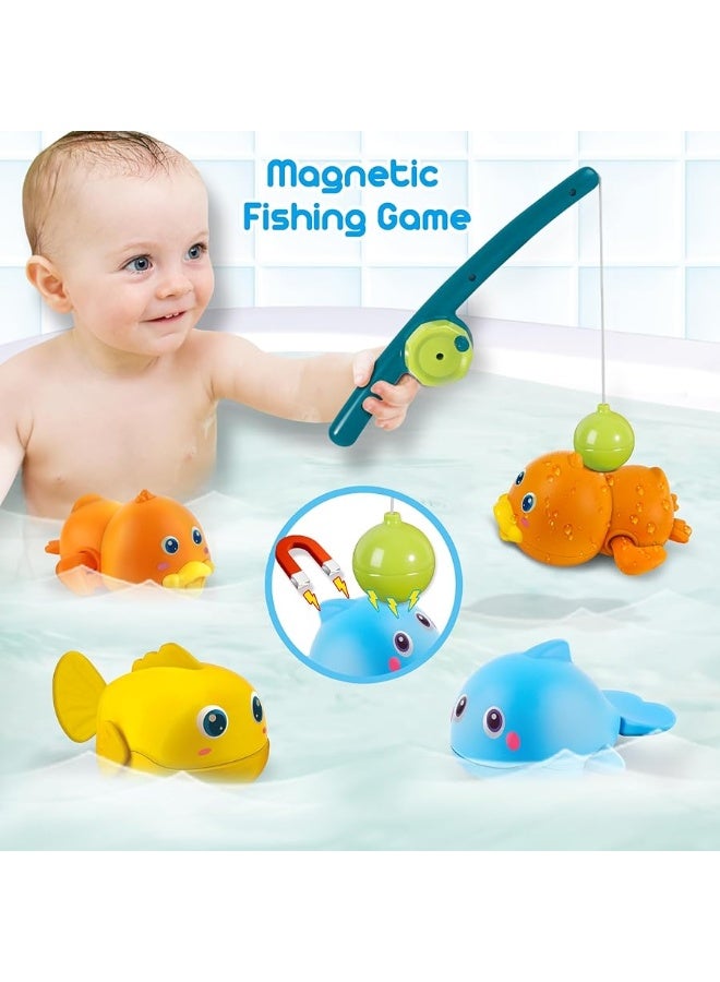 Dwi Dowellin Bath Toys for Toddlers, Magnetic Fishing Games Kids Bathtub Toys, Mold Free Wind-up Toys Swimming Fish Duck Whale Floating Water Toys for Kids Baby Infant - Image 1