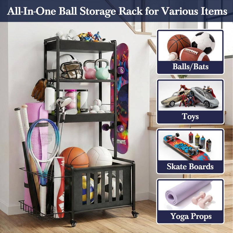 Faesun Small Sports Equipment Organizer, Ball Storage Rack for Garage, 4-Tier Indoor Rolling Ball Carts with Wheels for Toy Sports Gear Storage, Black - Image 3