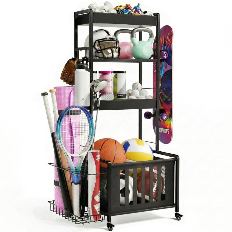 Faesun Small Sports Equipment Organizer, Ball Storage Rack for Garage, 4-Tier Indoor Rolling Ball Carts with Wheels for Toy Sports Gear Storage, Black - Image 1