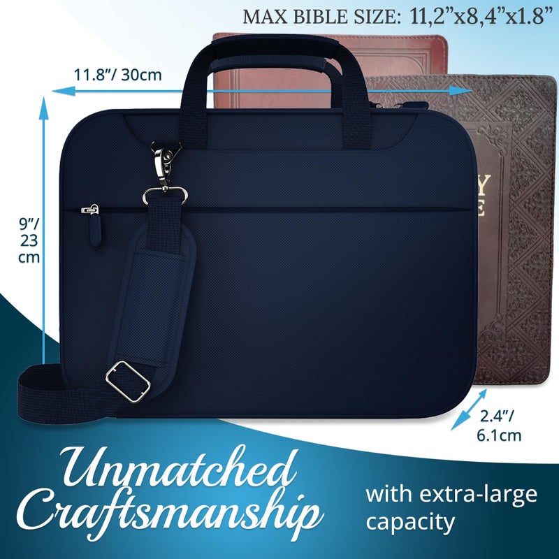 DEHITE Bible Case for Men â€” Bible Cover for Men and Women â€” Blue Extra Large Size Bag â€” Fits Book 11.2 x 8.4 x 1.8 in â€” Pen Slots â€” Zippered Pocket â€” Shoulder Strap â€” Premium Fabric â€” Christian Gift - Image 2