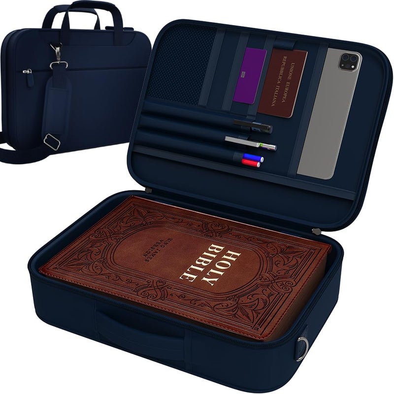 DEHITE Bible Case for Men â€” Bible Cover for Men and Women â€” Blue Extra Large Size Bag â€” Fits Book 11.2 x 8.4 x 1.8 in â€” Pen Slots â€” Zippered Pocket â€” Shoulder Strap â€” Premium Fabric â€” Christian Gift - Image 1
