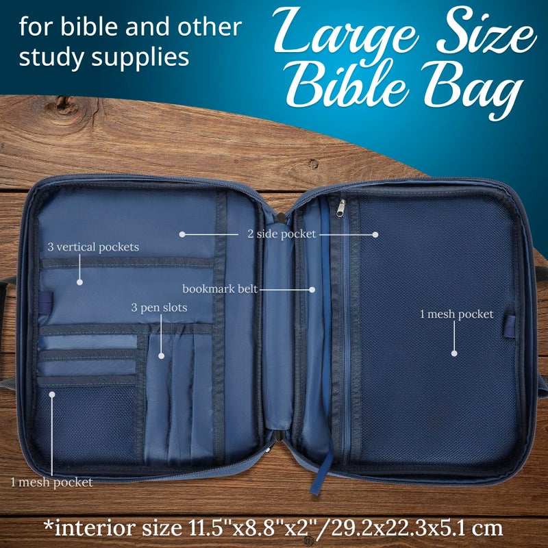 DEHITE Bible Case for Men â€” Bible Cover for Men and Women â€” Blue Extra Large Size Bag â€” Fits Book 11.2 x 8.4 x 1.8 in â€” Pen Slots â€” Zippered Pocket â€” Shoulder Strap â€” Premium Fabric â€” Christian Gift - Image 3