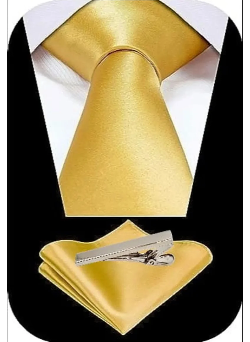 تيزجيلسين Men's Satin Tie Handkerchief and Silver Steel Tie Clip Set