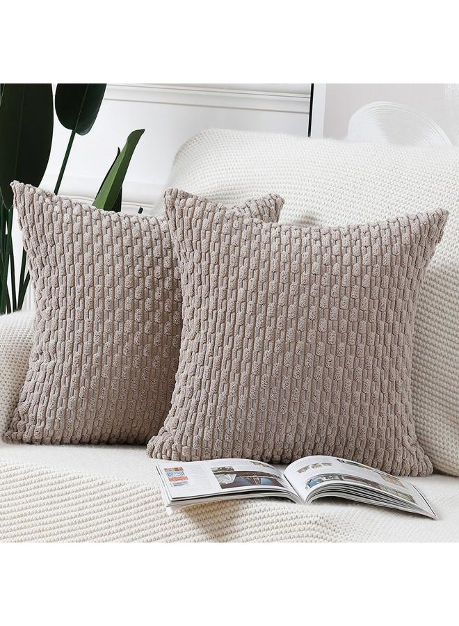 MADIZZ Pack of 2 Boho Striped Corduroy Throw Pillow Covers 22x22 Inch Taupe Soft Decorative Cushion Cover for Bedroom Sofa Pillow Shell - Image 1
