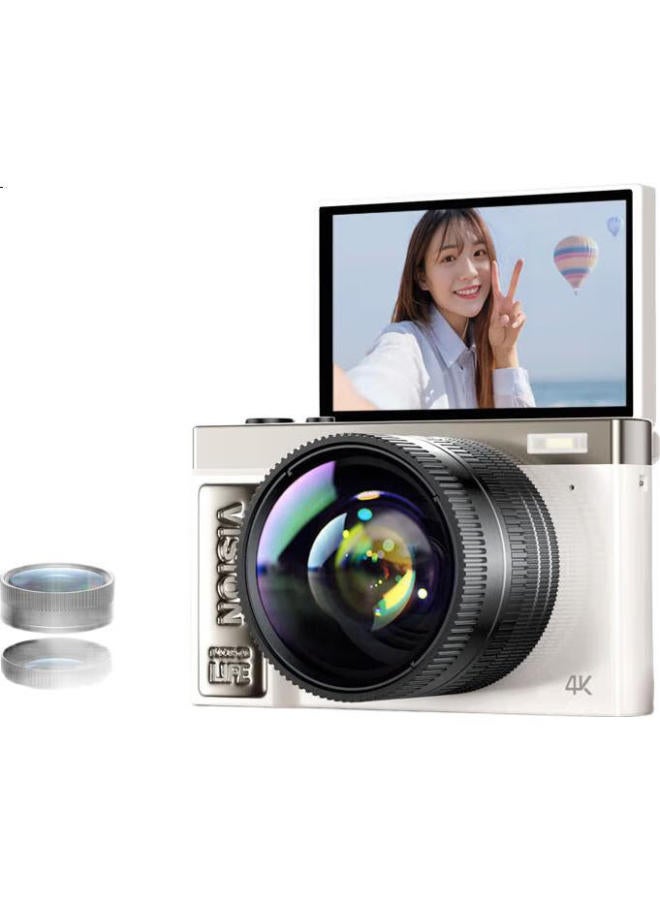 aigo كاميرا رقمية للطلاب Aigo E9S بشاشة قابلة للطي، هدية عيد ميلاد للبنات، كاميرا بدون مرآة للمبتدئين، بديل سفر عالي الدقة CCD للحرم الجامعي، بيضاء 128 جيجابايت مع عدسة واسعة الزاوية - Image 3