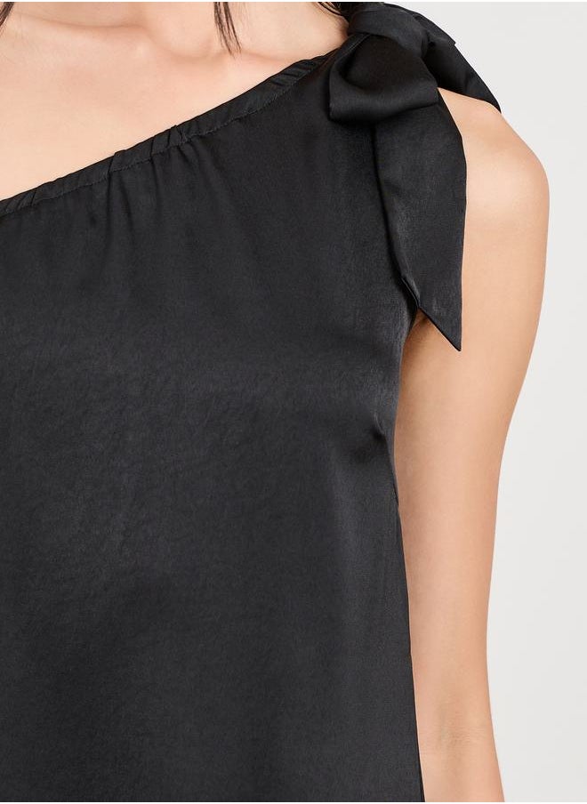 Styli - Tie Up One Shoulder Sleeves Satin Maxi Dress - Image 1