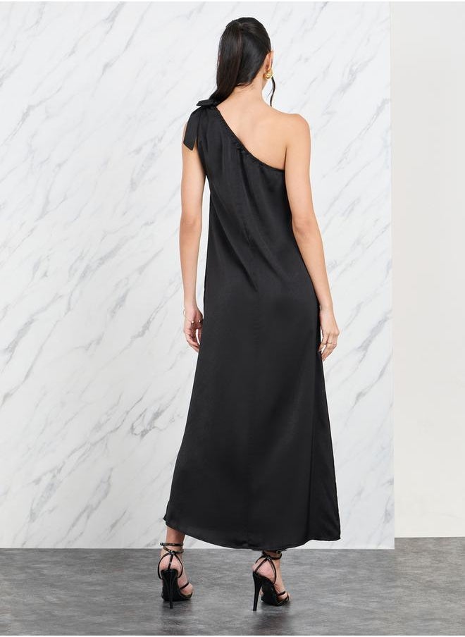 Styli - Tie Up One Shoulder Sleeves Satin Maxi Dress - Image 1