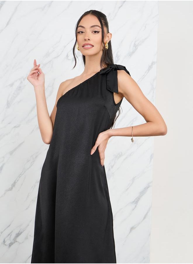 Styli - Tie Up One Shoulder Sleeves Satin Maxi Dress - Image 1
