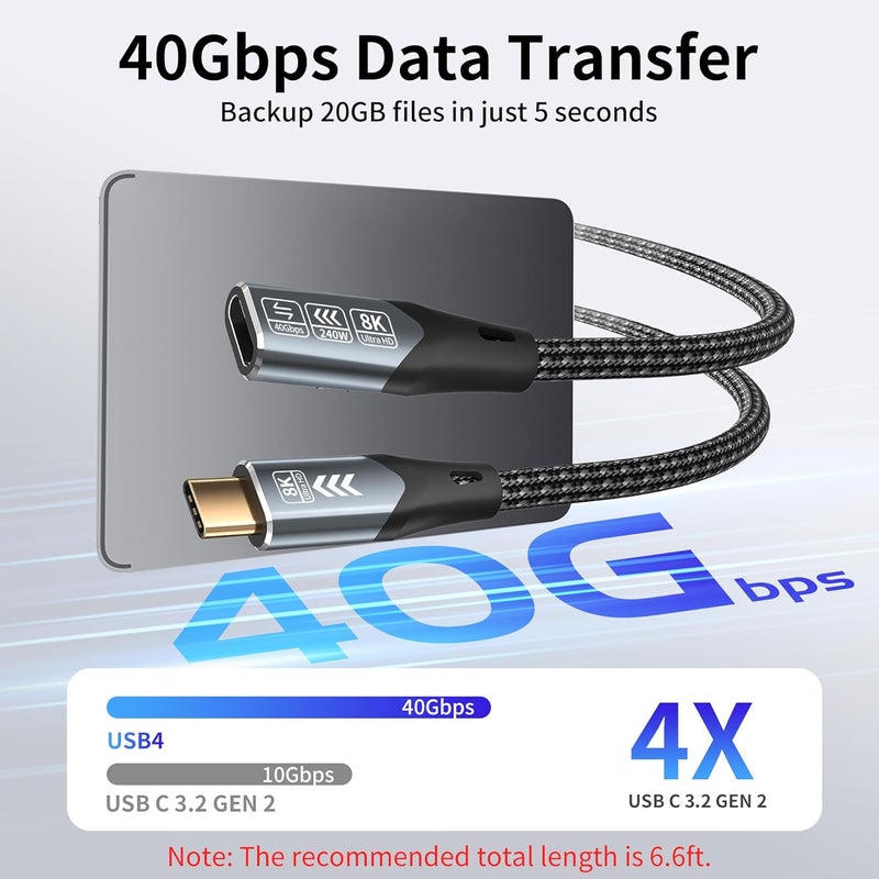 كابل تمديد USB-C بطول 6.6 قدم/2 متر متوافق مع كابل تمديد Thunderbolt 4 عالي السرعة 40 جيجابت في الثانية لنقل البيانات، USB-C ذكر إلى أنثى، عرض/فيديو 8K بقدرة 240 واط، لمحطة الإرساء - Image 2