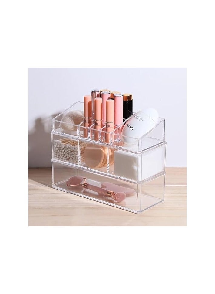 Set of 3 Stackable Makeup Organizer 3 Deep Acrylic Cosmetic Storage Drawers and 9 Mesh Lipstick Holders Jewelry Display Boxes Bathroom Cabinet Organizer - Image 1