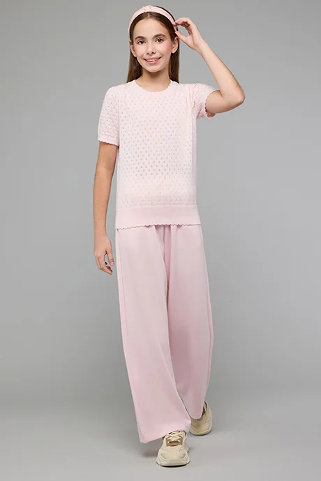 أر أند بي Knitted Top with Crew Neck and Puff Sleeves