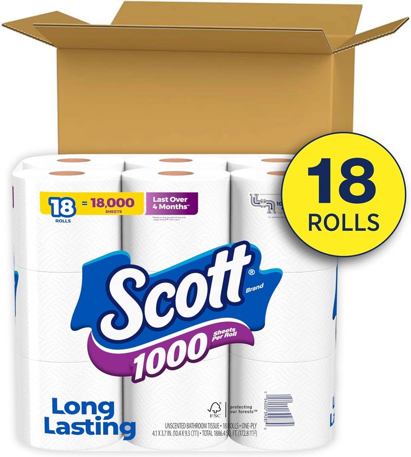 Scott 1000 Toilet Paper, 18 Rolls, Septic-Safe, 1-Ply Toilet Tissue - Image 2
