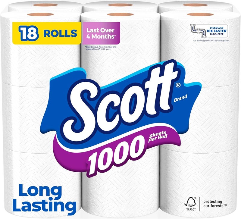 Scott 1000 Toilet Paper, 18 Rolls, Septic-Safe, 1-Ply Toilet Tissue - Image 1