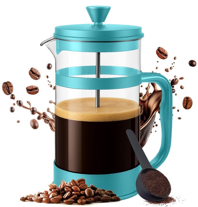 FRENCH PRESS ESPRESSO AND TEA MAKER WITH TRIPLE FILTERS STAINLESS STEEL PLUNGER AND HEAT RESISTANT BOROSILICATE GLASS AQUA 12OZ PACK OF 1
