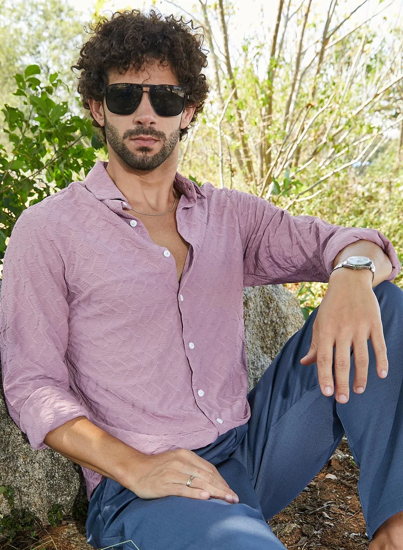 Campus Sutra Men's Flamingo Pink Herringbone-Tactile Shirt