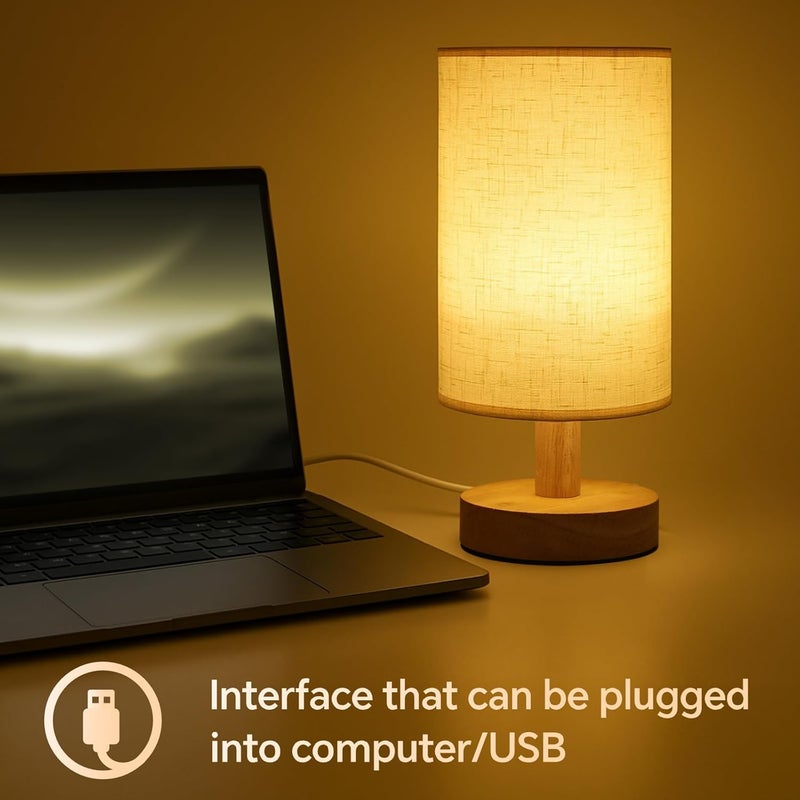 Baytion Bedside Table Lamp with Linen Lampshade and Log Base - USB Charging Nightstand Lamp - Image 5