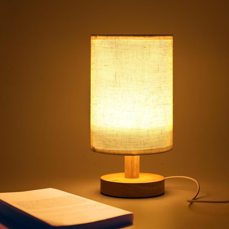 Baytion Bedside Table Lamp with Linen Lampshade and Log Base - USB Charging Nightstand Lamp - Image 1