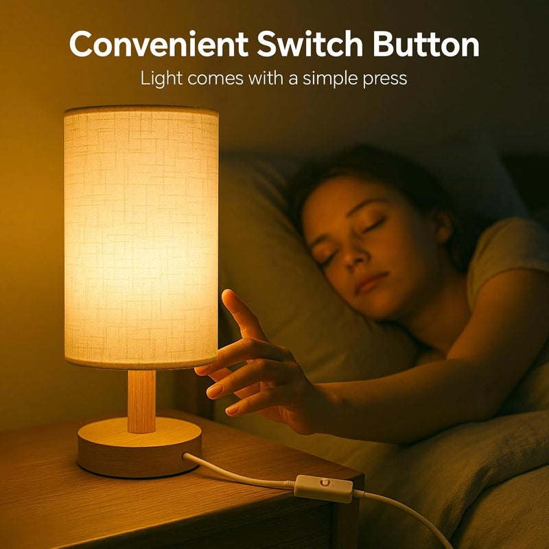 Baytion Bedside Table Lamp with Linen Lampshade and Log Base - USB Charging Nightstand Lamp - Image 3