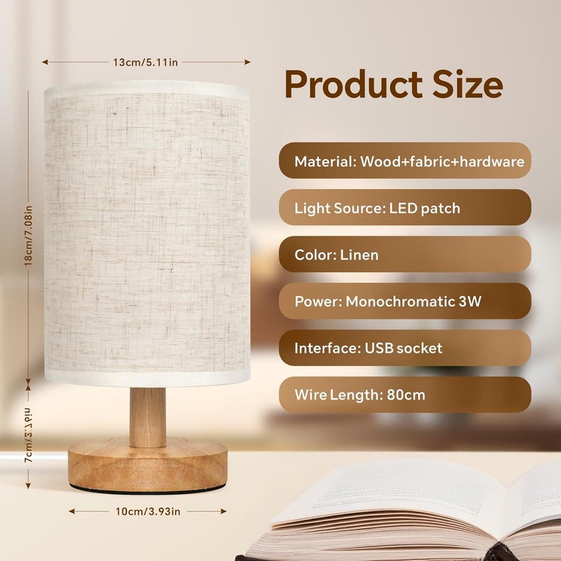 Baytion Bedside Table Lamp with Linen Lampshade and Log Base - USB Charging Nightstand Lamp - Image 2