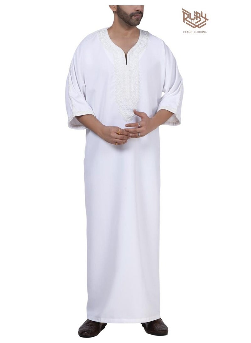 روبي للملابس الإسلامية ثوب مغربي للرجال - قفطان مزخرف برقبة دائرية وأكمام نصفية جلابية للرجال قندورة