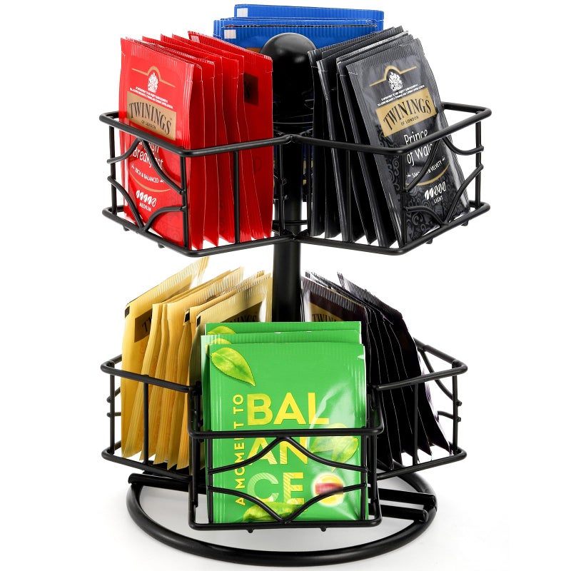 Frcctre Tea Bag Organizer 360 Degree Tea Bag Spining Carousel Organizer with 6 Compartments Lazy Susan Sugar Coffee Creamer Caddy for Kitchen Counter Cabinet Organizer Up to 60 Tea Bags Storage