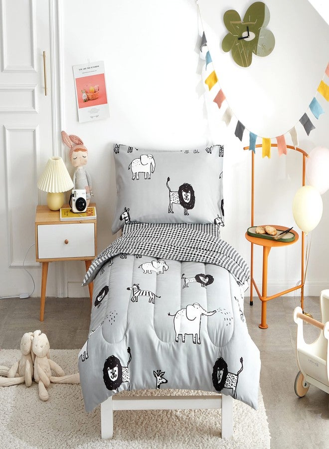 Flysheep 4 Piece Gray Grey Toddler Bedding Set with Multi Animals Printed for Baby Boys - Includes Quilted Comforter, Flat Sheet, Fitted Sheet & Pillow Case, Soft & Comfortable Microfiber - Image 1