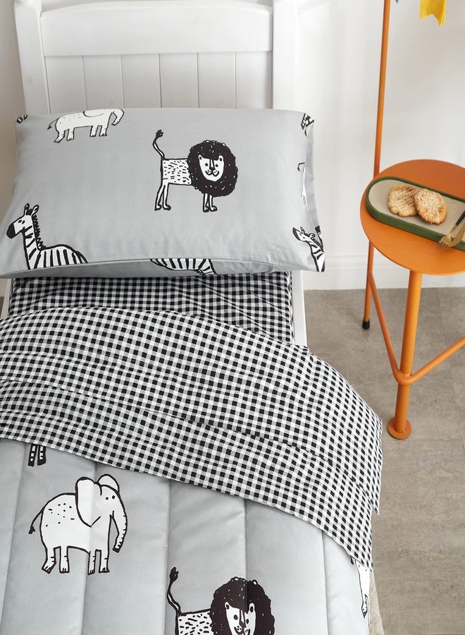 Flysheep 4 Piece Gray Grey Toddler Bedding Set with Multi Animals Printed for Baby Boys - Includes Quilted Comforter, Flat Sheet, Fitted Sheet & Pillow Case, Soft & Comfortable Microfiber - Image 2