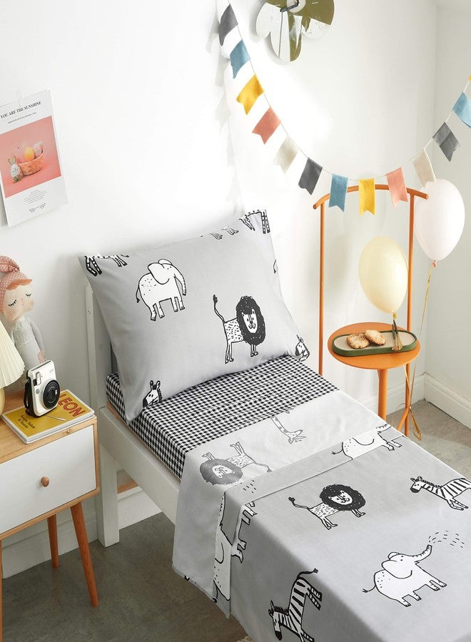 Flysheep 4 Piece Gray Grey Toddler Bedding Set with Multi Animals Printed for Baby Boys - Includes Quilted Comforter, Flat Sheet, Fitted Sheet & Pillow Case, Soft & Comfortable Microfiber - Image 4