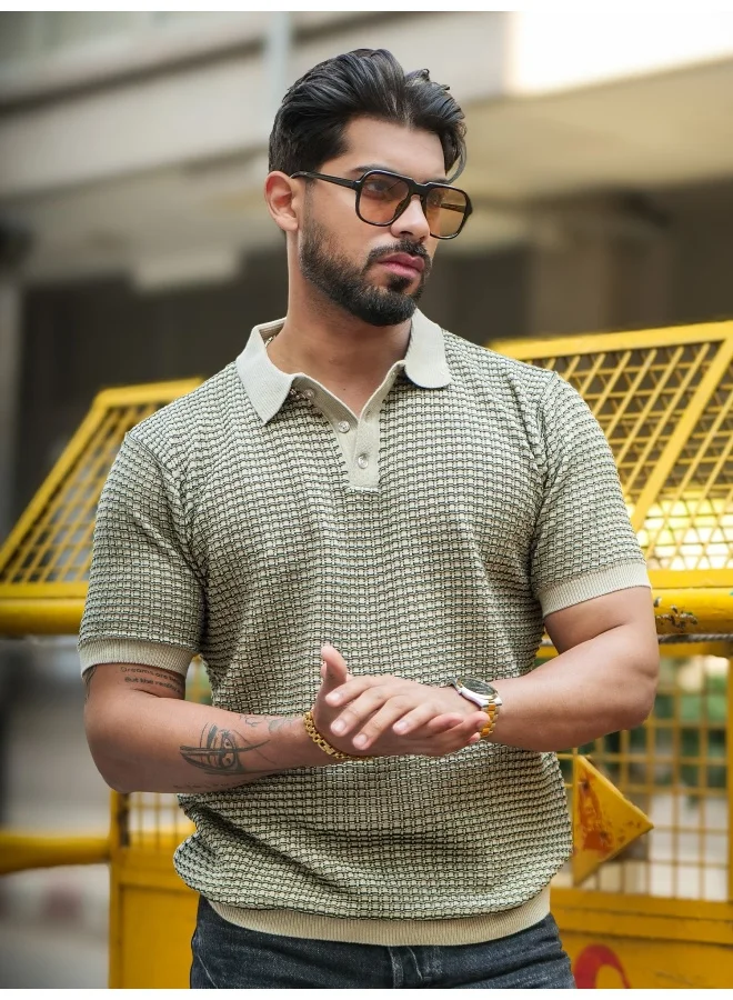 مانياك تيشيرت بولو رجالي مانياك بنصف كم قطن بنقشة شبكية أخضر وبيج