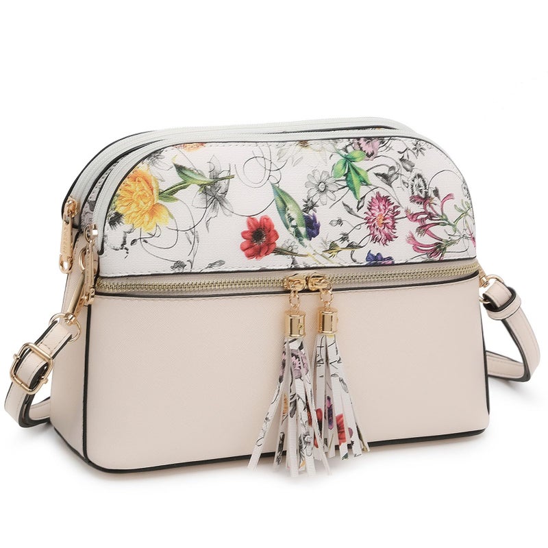 Dasein Women Tassel Zipper Pocket Crossbody Bag Shoulder Purse Fashion Travel Bag With Multi Pockets (White Flower/Beige) - Image 1