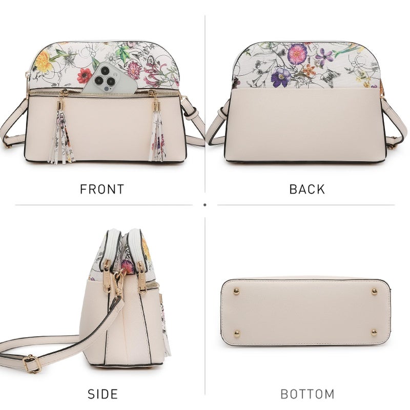 Dasein Women Tassel Zipper Pocket Crossbody Bag Shoulder Purse Fashion Travel Bag With Multi Pockets (White Flower/Beige) - Image 3