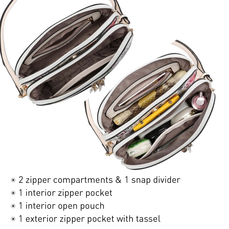 Dasein Women Tassel Zipper Pocket Crossbody Bag Shoulder Purse Fashion Travel Bag With Multi Pockets (White Flower/Beige) - Image 5