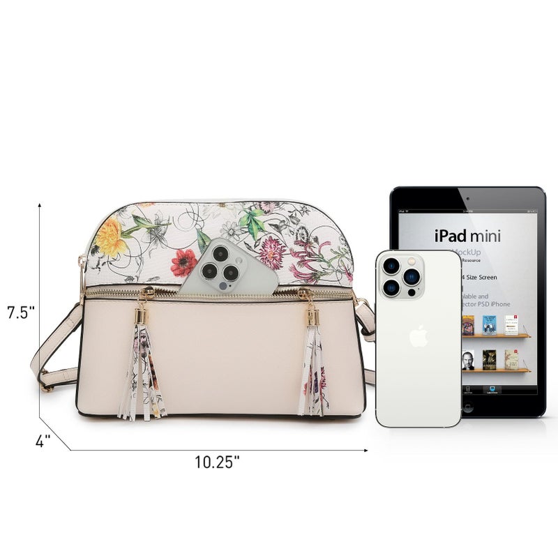 Dasein Women Tassel Zipper Pocket Crossbody Bag Shoulder Purse Fashion Travel Bag With Multi Pockets (White Flower/Beige) - Image 4