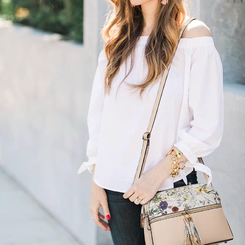 Dasein Women Tassel Zipper Pocket Crossbody Bag Shoulder Purse Fashion Travel Bag With Multi Pockets (White Flower/Beige) - Image 2