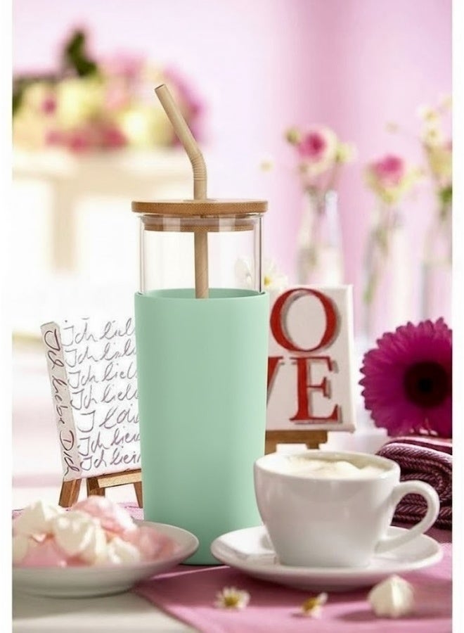 فالمر كوب زجاجي مع حافظة واقية من السيليكون مع ماصه من الكارتون للمشروبات الباردة والعصائر بغطاء خشب سعه 500 مل - شفاف/مينت جرين - Image 4