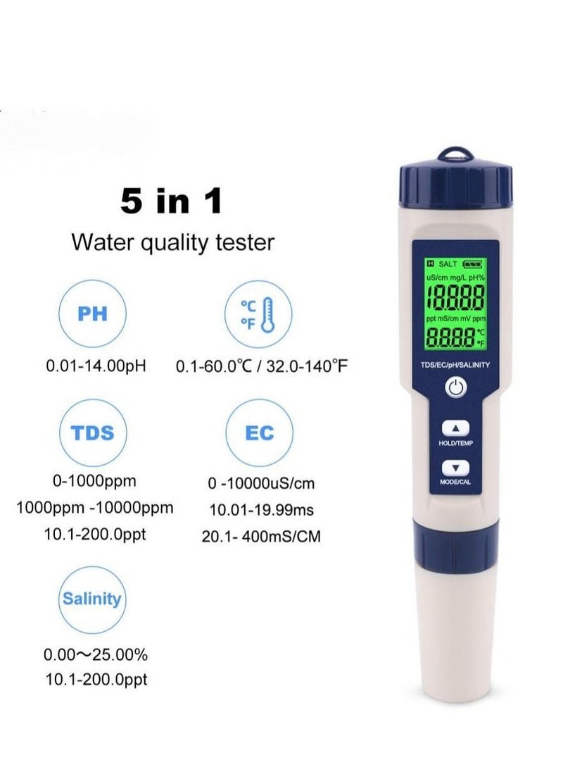 ماركة غير محددة - جهاز قياس جودة المياه الرقمي 5 في 1 لقياس TDS/EC/pH/الملوحة/درجة الحرارة، مناسب لحمامات السباحة والمياه الشرب والأحواض السمكية - Image 1