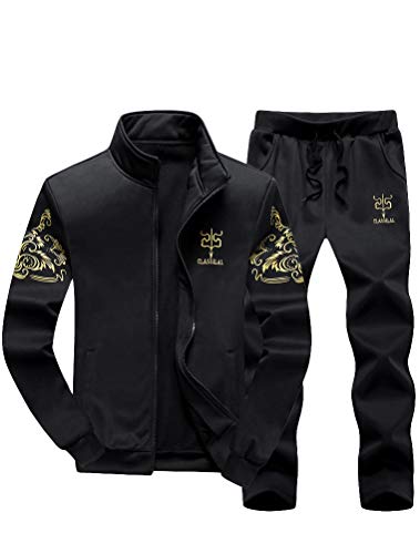 PASOK Mens Casual Tracksuit Full Zip Running Jogging Athletic Sports Jacket And Pants Set Black S