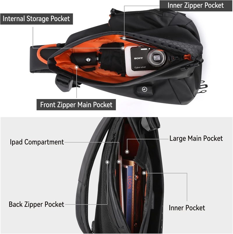 Zikra Anti-Theft Crossbody Sling Bag for Men Women,Small Backpack One Shoulder Bag, Chest Bag Sling Backpack Water Resistant(Black) - Image 4