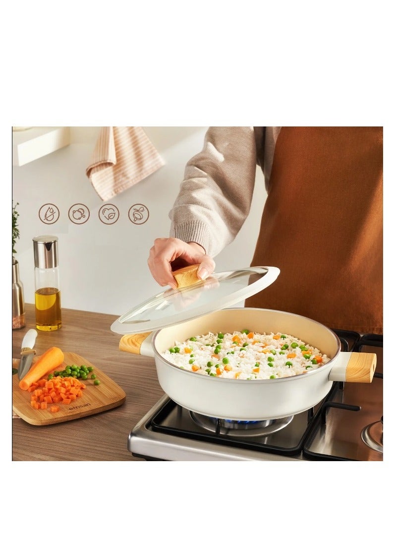 Homemaker Swiss Crystal Low Casserole – 28 cm – Non-Stick Ceramic Coating – Glass Lid with Silicone Edge – Natural Wood Handles – Beige  - Image 1