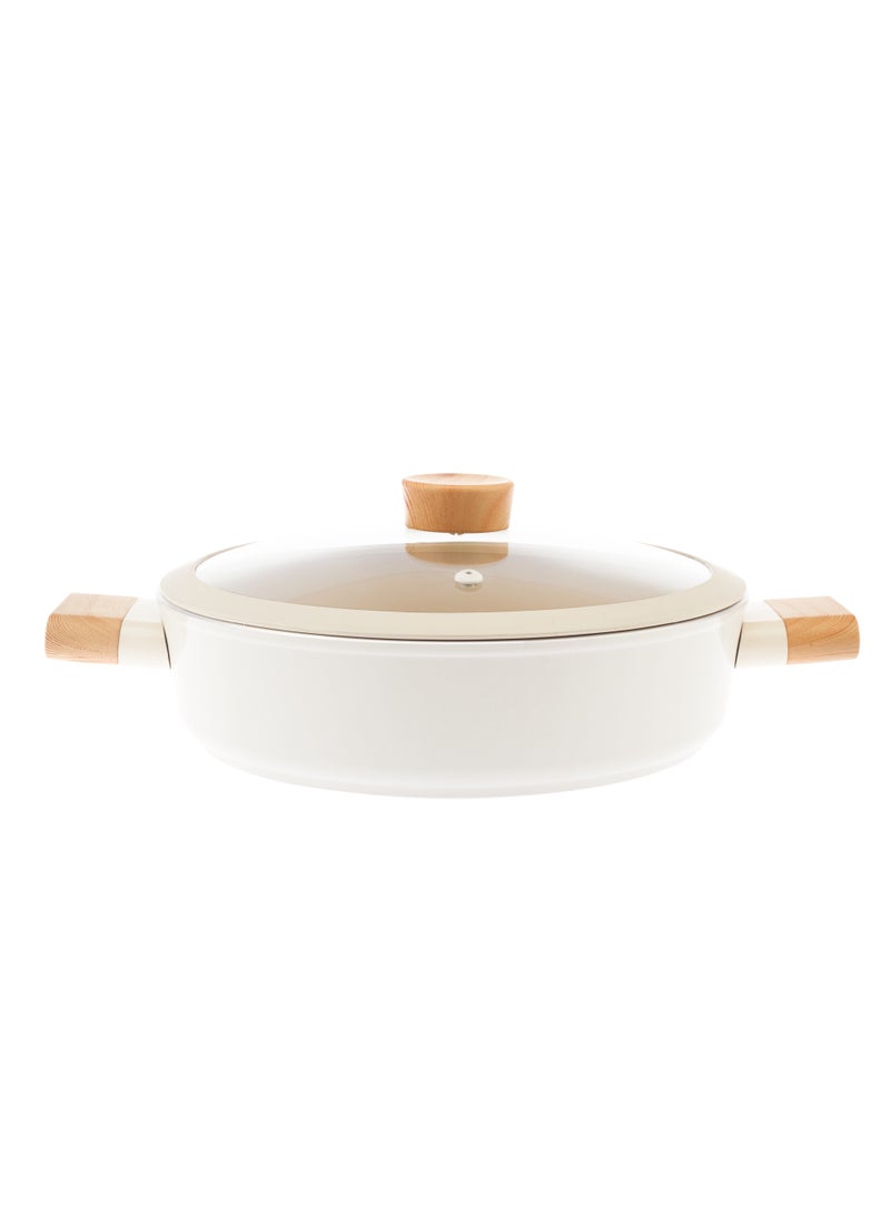 Homemaker Swiss Crystal Low Casserole – 28 cm – Non-Stick Ceramic Coating – Glass Lid with Silicone Edge – Natural Wood Handles – Beige  - Image 2