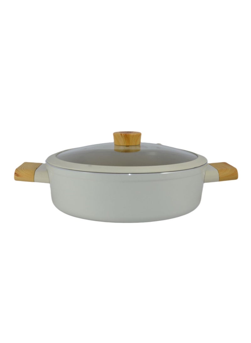 Homemaker Swiss Crystal Low Casserole – 28 cm – Non-Stick Ceramic Coating – Glass Lid with Silicone Edge – Natural Wood Handles – Beige  - Image 4