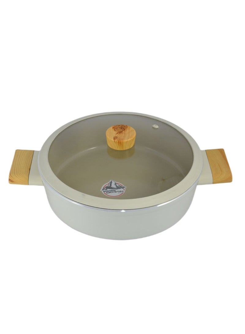 Homemaker Swiss Crystal Low Casserole – 28 cm – Non-Stick Ceramic Coating – Glass Lid with Silicone Edge – Natural Wood Handles – Beige  - Image 5