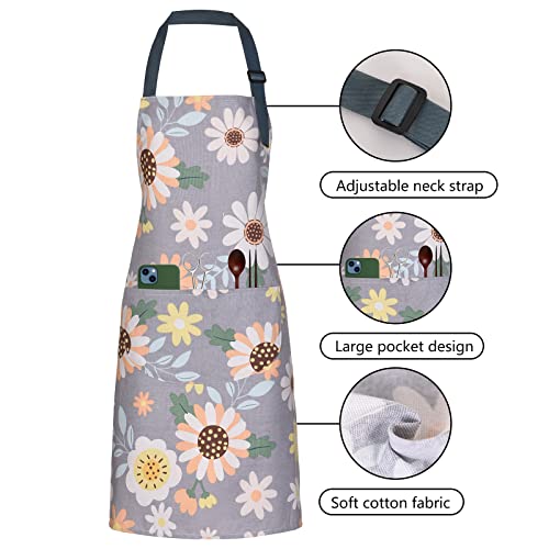 ARBINSON 2 Pack Floral Apron for Women with Pockets, Adjustable Cotton Chef Aprons for Kitchen, Cooking, BBQ & Grill (Green/Leaves) - Image 3