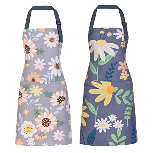 ARBINSON 2 Pack Floral Apron for Women with Pockets, Adjustable Cotton Chef Aprons for Kitchen, Cooking, BBQ & Grill (Green/Leaves) - Image 1
