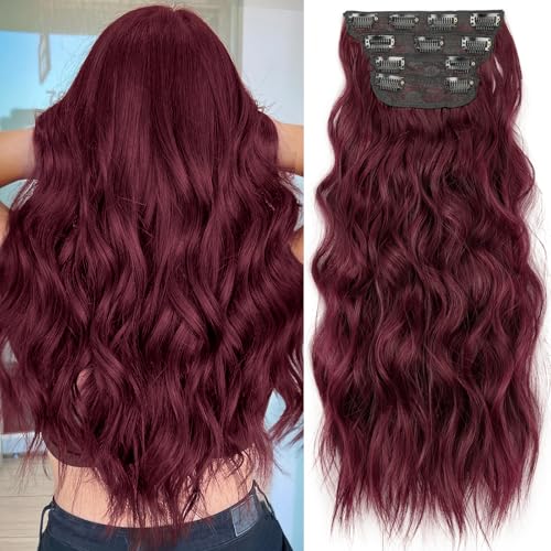 KooKaStyle Hair Extensions Burgundy Clip in Synthetic Highlight Hair Extensions Long Wavy 4PCS Thick Hairpieces 20 Inch for Women - Image 1