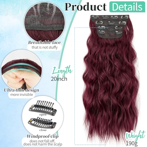 KooKaStyle Hair Extensions Burgundy Clip in Synthetic Highlight Hair Extensions Long Wavy 4PCS Thick Hairpieces 20 Inch for Women - Image 3