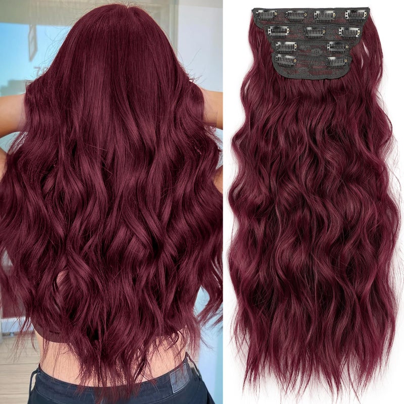 KooKaStyle Hair Extensions Burgundy Clip in Synthetic Highlight Hair Extensions Long Wavy 4PCS Thick Hairpieces 20 Inch for Women - Image 2