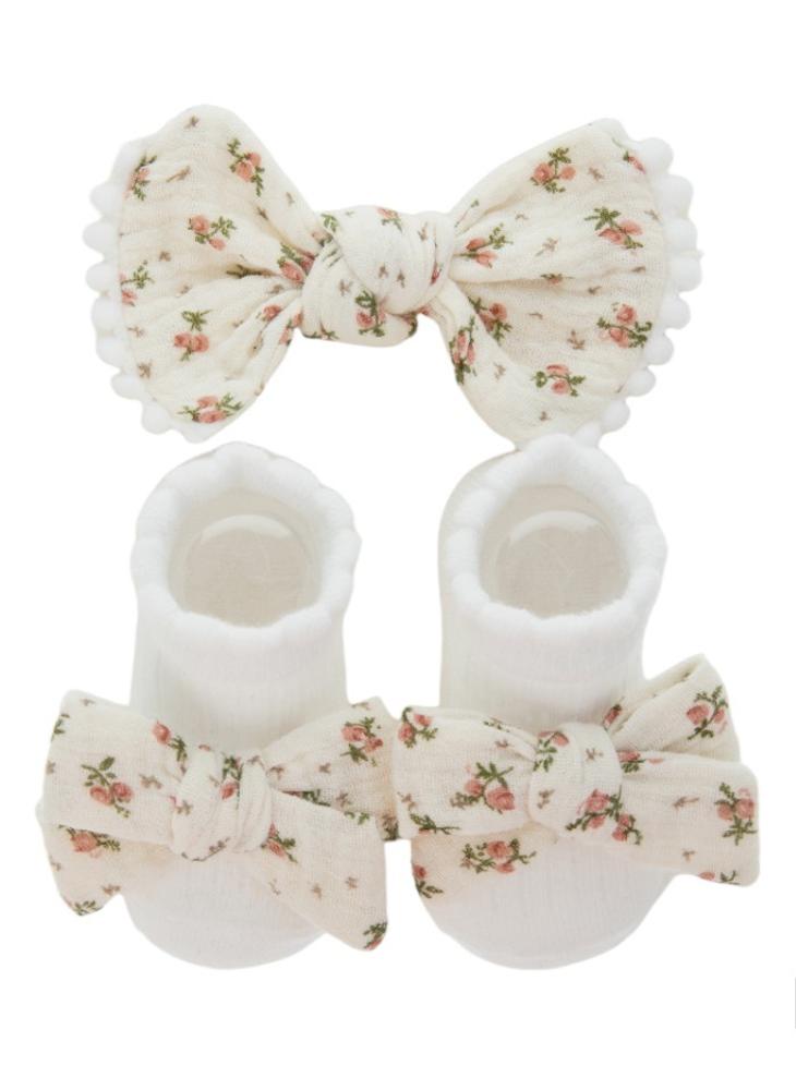 Bambimici Bambimici - Anika Socks & Ribbon Bow Headband Set -  Floral Cream  - Image 1