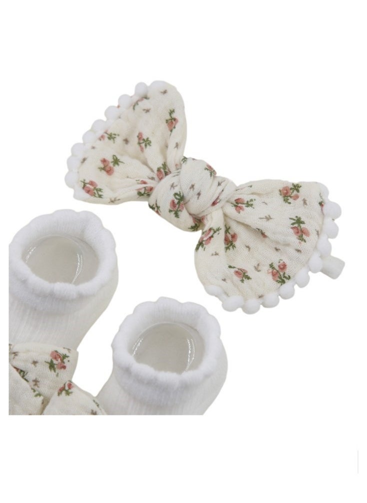 Bambimici Bambimici - Anika Socks & Ribbon Bow Headband Set -  Floral Cream  - Image 4